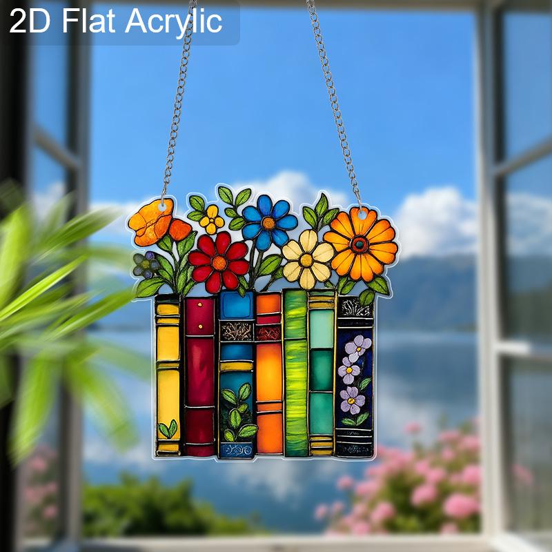 Acrylic Books with Colorful Flowers Suncatcher, Stained Glass Effect Window Hanging Ornament for Book Lovers & Art Themed Gifts