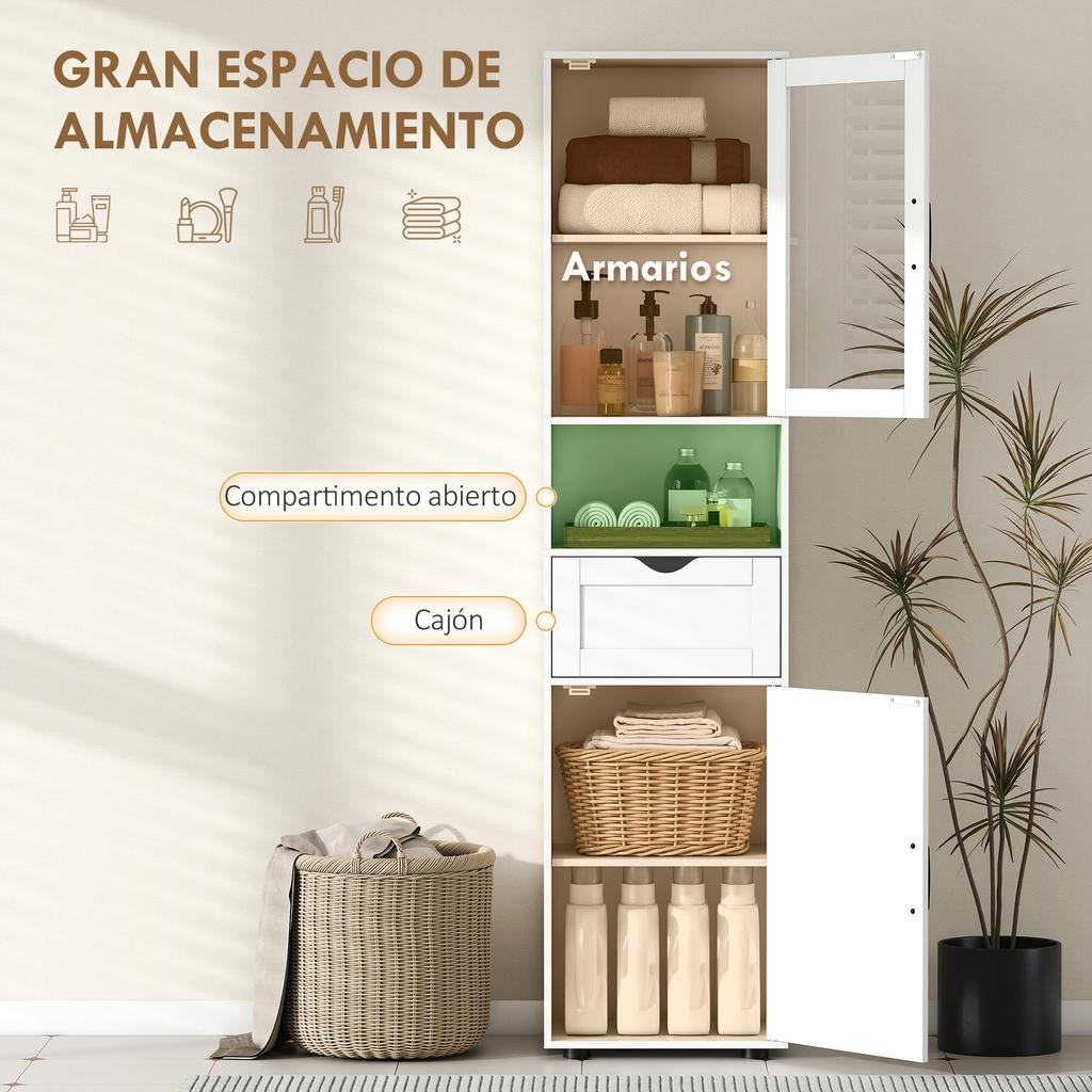 Narrow Bathroom Column with Glass Door Adjustable Shelves Drawer Open Shelf 40x30x165 Cm White