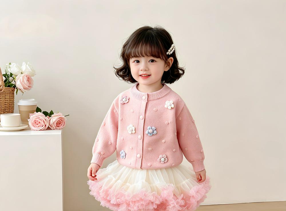 Girls' Spring & Autumn Lace Cardigan and Mesh Skirt Set
