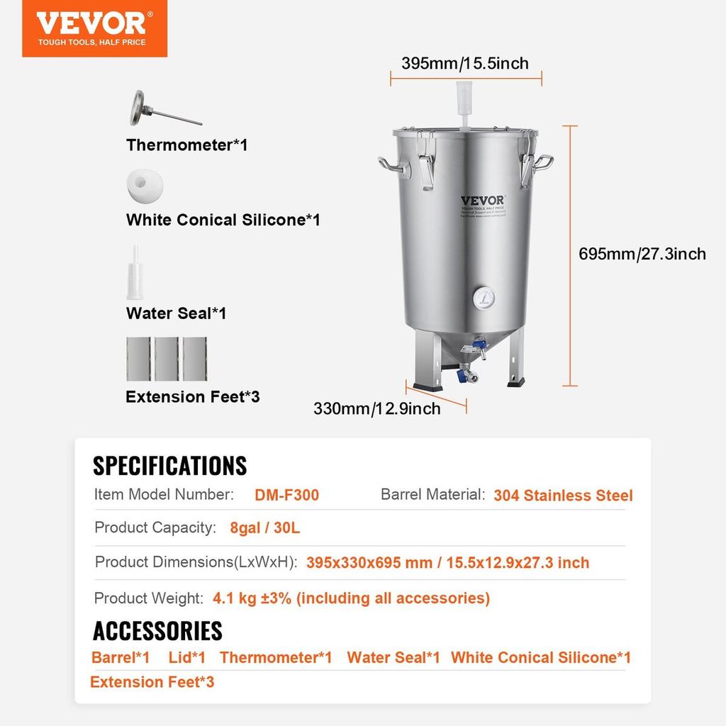 304 Stainless Steel Kettle, 30L Beer Brew Fermentor, Brew Bucket Fermentor for Brewing, Home Brewing Supplies with Base, Kettle Stock Pot Includes