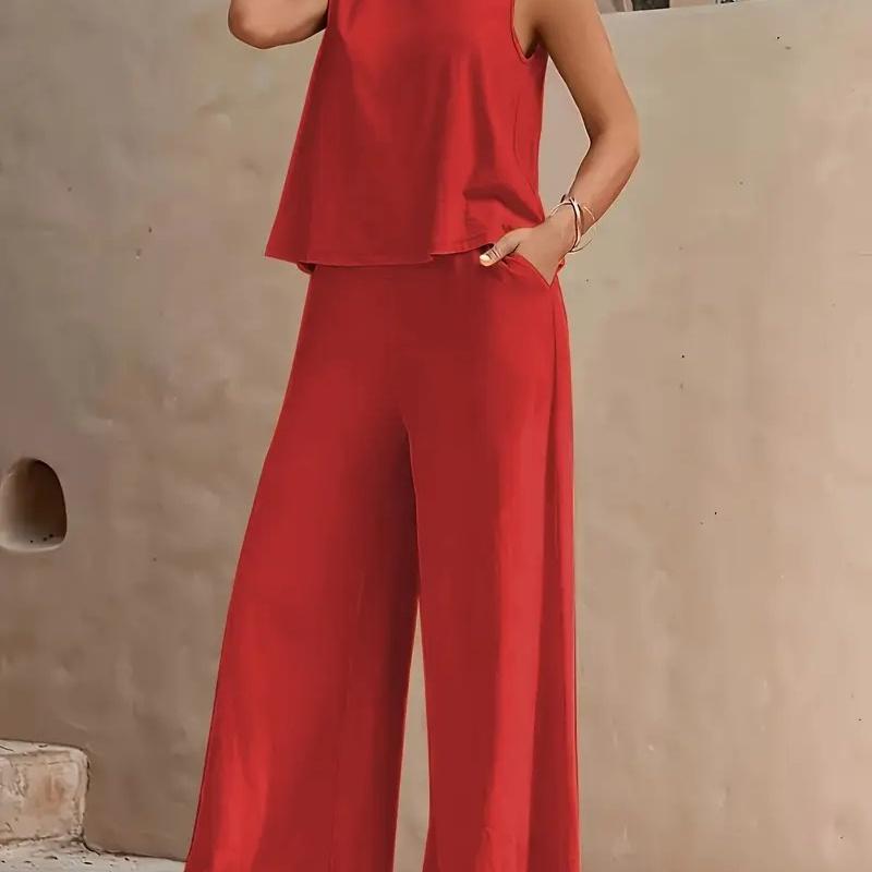 New Women's Sleeveless Vest And Trousers Two Piece Set Fashion Solid Color Two Piece Round Neck Top Pants Suit Casual Set