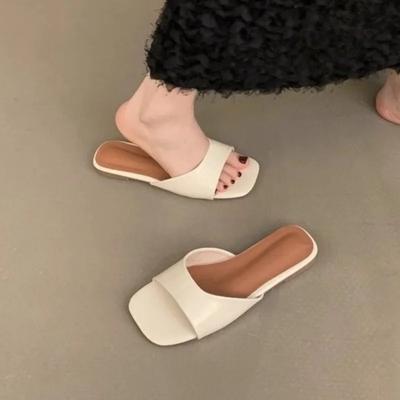 Fashion Ladies Shoes On Sale 2024 Square Toe Women's Slippers Summer Open Toe Shallow Solid Flat Casual Solft Sole Comfortable Slippers