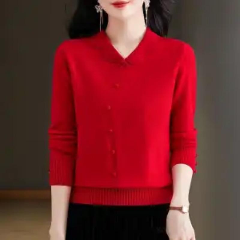 Knitted Solid Color Age-reducing Sweater Lapel New Style Loose Base Top