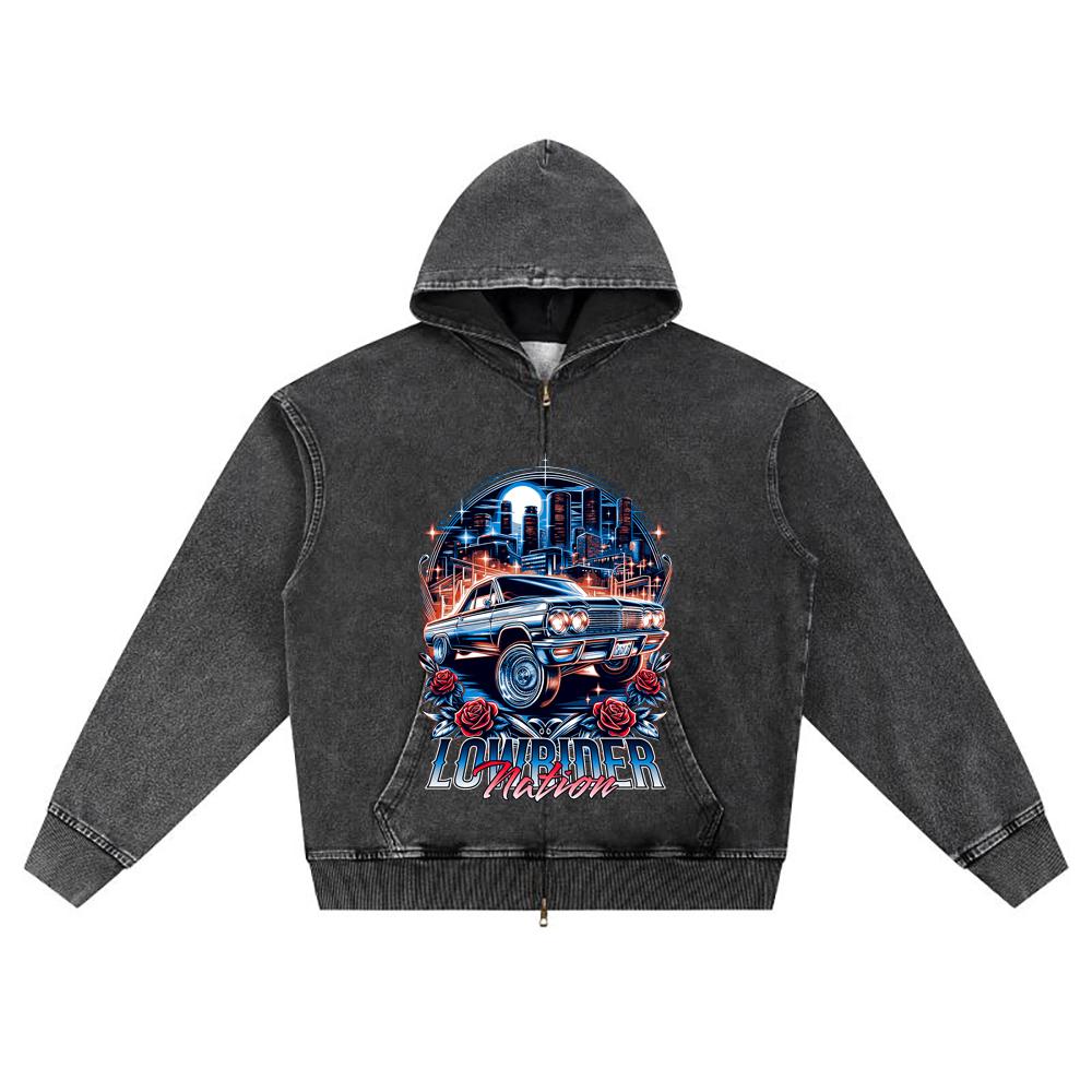 DTG Print Knitted Denim Zip-Up Hoodie Lowrider Nation Brother Print Zipper Hoodies  