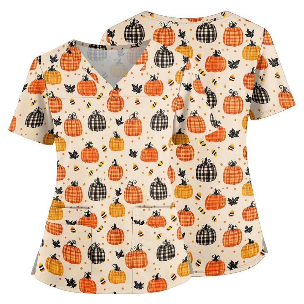 Womens V Neck Halloween Print Medical Scrub Top with Pockets Side Slits Short Sleeve Work Shirt for Healthcare Professionals