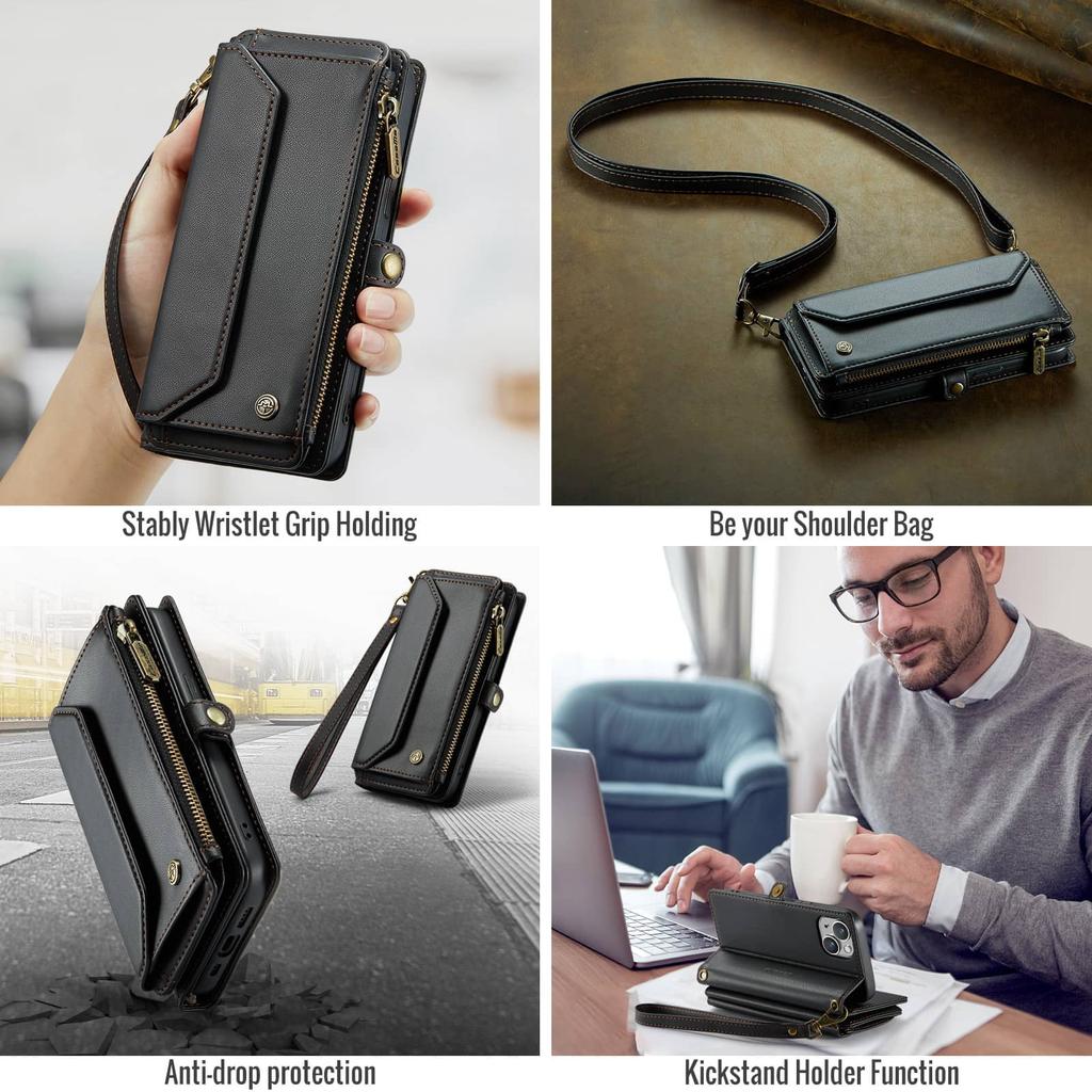 Crossbody for iPhone 14 Case Wallet RFID Blocking with 7-Card Holder Zipper Bills Slot, Soft PU Leather Magnetic Shoulder Wrist Strap
