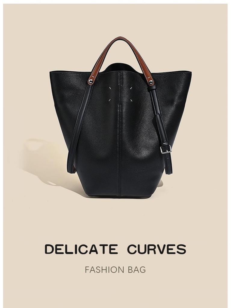 2025 Women's MM6 Equestrian Tote: Large-Capacity Cowhide Handbag, Stylish Commuter Bucket Bag