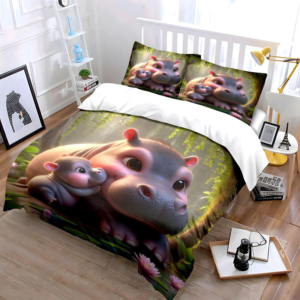 Cute Hippo Family Bedding Set Bedding Duvet Cover Set Duvet Cover Pillowcases (1 * Duvet Cover 2 * Pillowcases, without duvet insert)