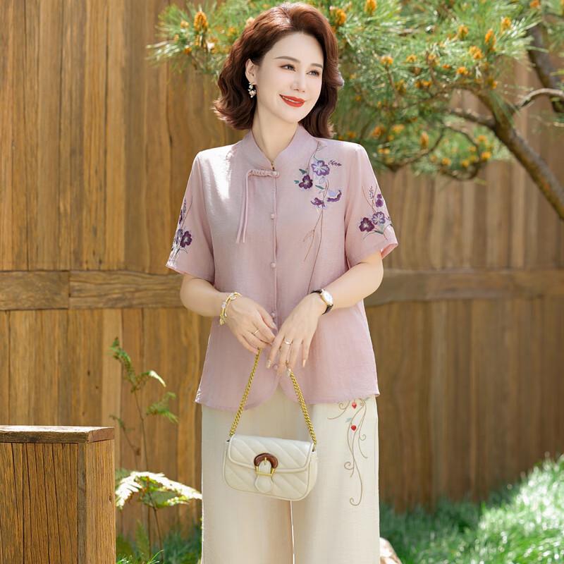 Damen Baumwoll-Leinen T-Shirt & Kurzarm Set im chinesischen Stil