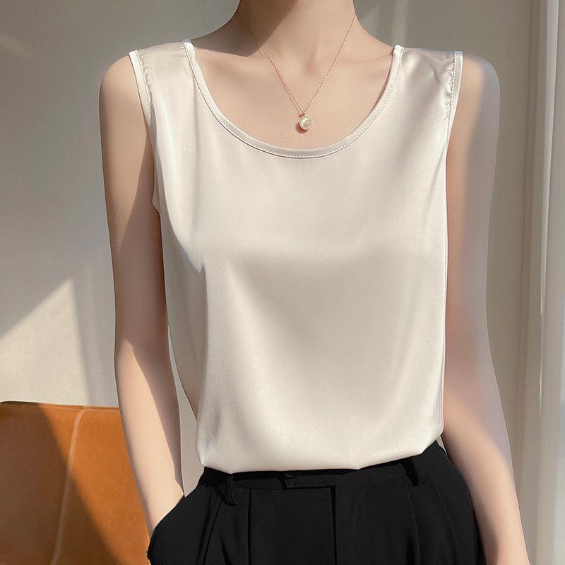 

Жіночий топ-майка з шовку шовковиці: Чорно-білий, З круглим вирізом, Вільна атласна базова майка, Літній топ M