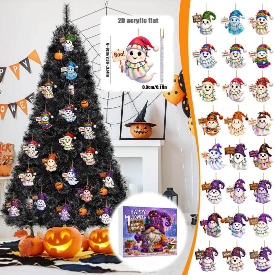 2025 Halloween Ghost Advent Calendar 2D Acrylic Cartoon Ghost Ornament Set 24 Days Cute Ghost Countdown Decoration for Home Parties