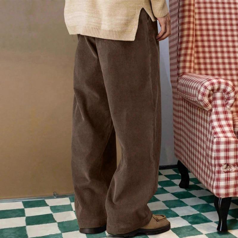 Men's Solid Color Corduroy Trousers Vintage Classic Ribbed Elastic Waist Micro-pleated Daily Pants