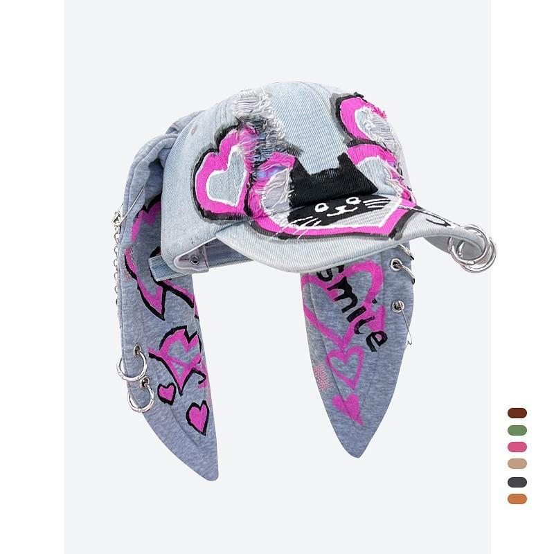 Postapocalyptic Rabbit Ear Distressed Baseball Cap With Sunblock For Street Fashion Enthusiasts