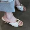 Designer Luxury Thick Heel Summer Women Slippers Fashion Metal Decoration Open Toe Dress Slides Ladies Stripper Party Sandals