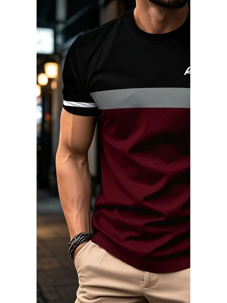 Men'S Digital Print T-Shirt, Men'S Casual Short Sleeve Tee, Black And Red Contrast Design with King Lettering, Round Neck Summer Top, Easy Care,