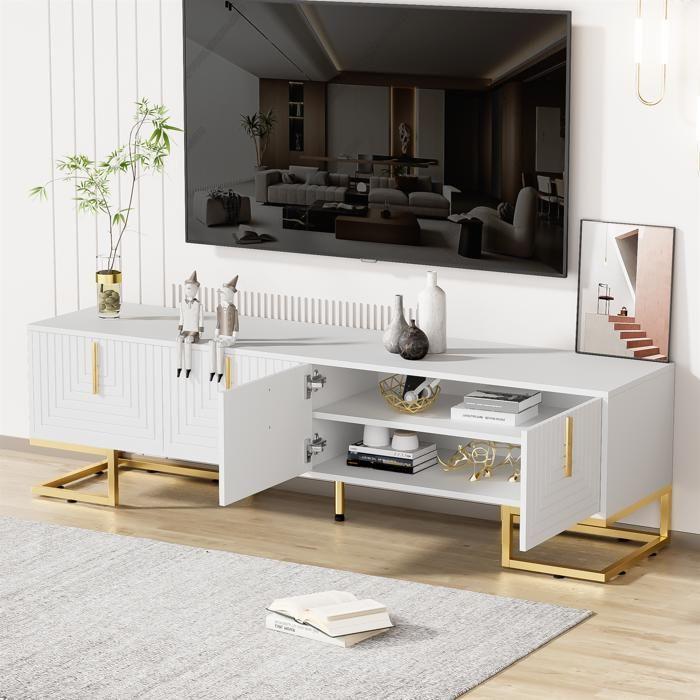 Meuble TV Elégant, Armoire Télé avec 4 Portes, Poignées et Pieds Dorés, Contemporain, Blanc, 170x40x45cm