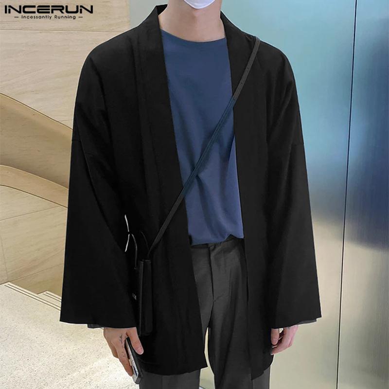 

INCERUN/весенне-осенний мужской однотонный кардиган с длинным рукавом, пальто, свободные повседневные кимоно, пальто больших размеров