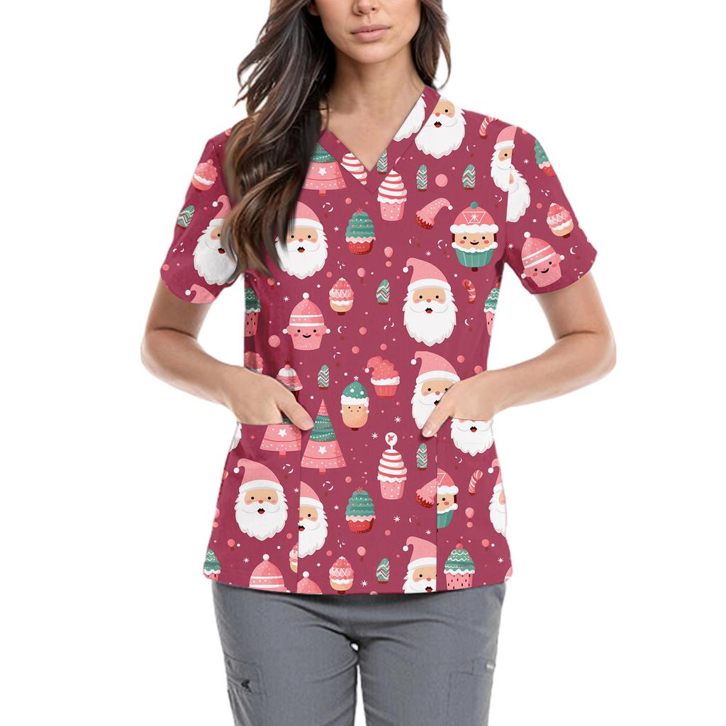 Dame Søt Sløyfe Trykket Arbeidsklær V-hals Dobbelt Lag Lommer Basic Kortermet Topp Pullover