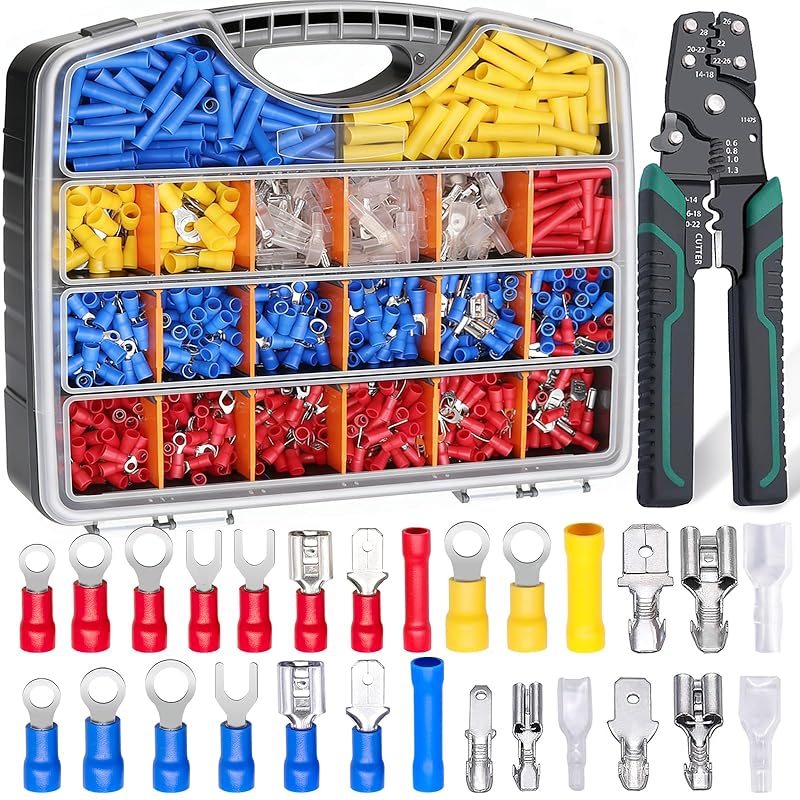 Twidec/Spade Crimp Connectors 2.8mm/4.8mm/6.3mm Male and Female Spade Connector Kit Includes Fork Ring Insulated Wire Connector 15 Types Crimp