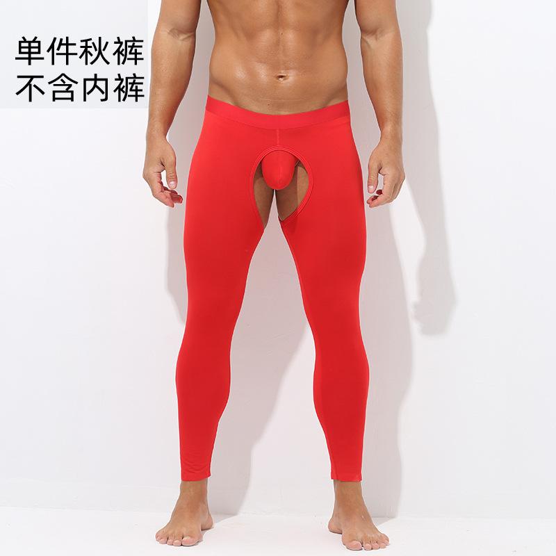 Men Sexy Thermal Underwear Bottoms Gay Open Front Lingerie Leggings Crotchless Nightwear Tights Slim Fit Stretchy Long John Pant