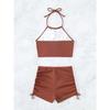 Women's Solid Color Ribbed Knit 2-Piece Swimsuit Halter Neck Cutout Tie Crop Top Ruched Side Tie Shorts Stylish Casual Swimwear
