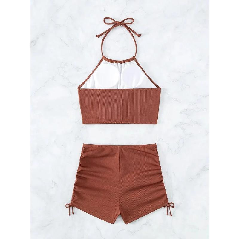 Women's Solid Color Ribbed Knit 2-Piece Swimsuit Halter Neck Cutout Tie Crop Top Ruched Side Tie Shorts Stylish Casual Swimwear