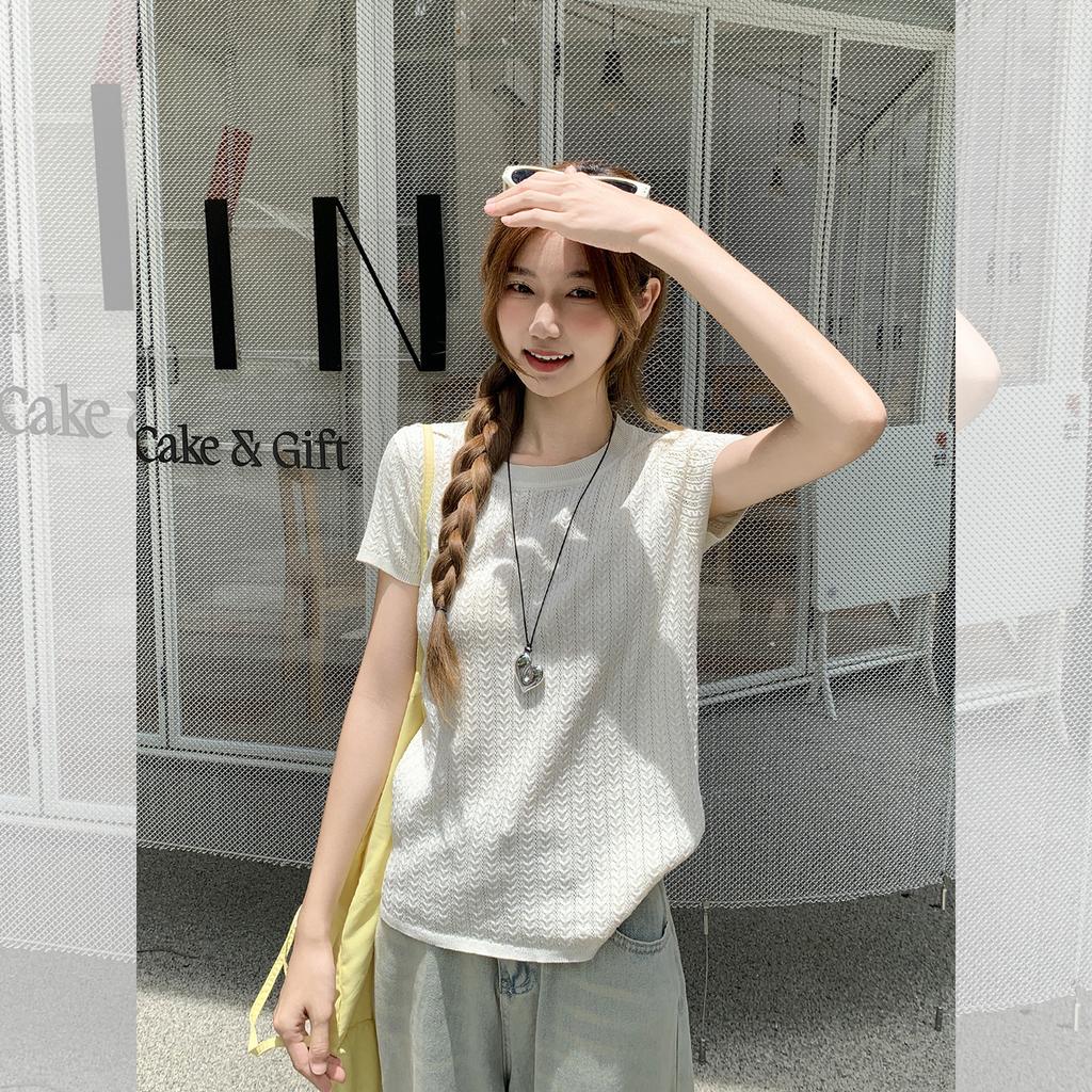 Summer beauty ootd design sense apricot knitted unique short-sleeved T-shirt women slim slim slim chic top