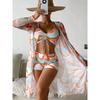 Women's Abstract Print Drawstring Crop Top & High Waist Shorts With Kimono 3-Piece Swimsuit
