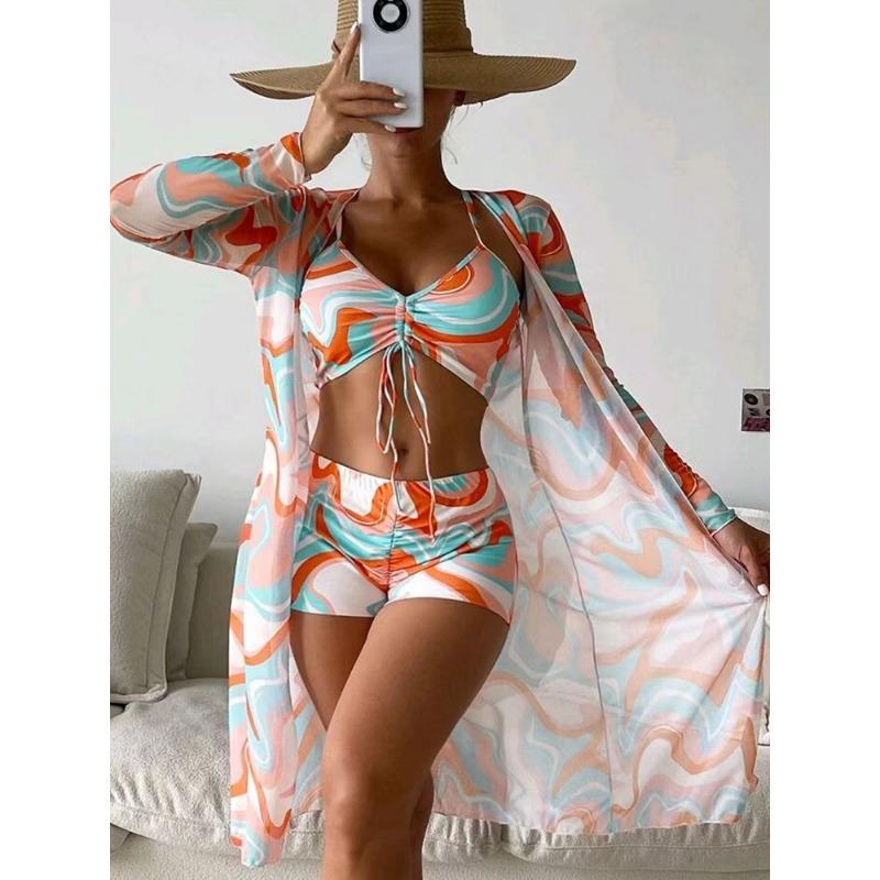 Women's Abstract Print Drawstring Crop Top & High Waist Shorts With Kimono 3-Piece Swimsuit
