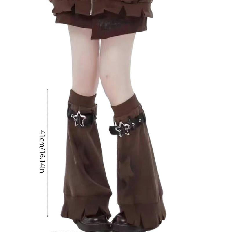 Brown Star Pattern Leg Warmers with Adjustable Leather Buckle Strap for Women Punk Flared Leg Covers Footless Socks  Brown