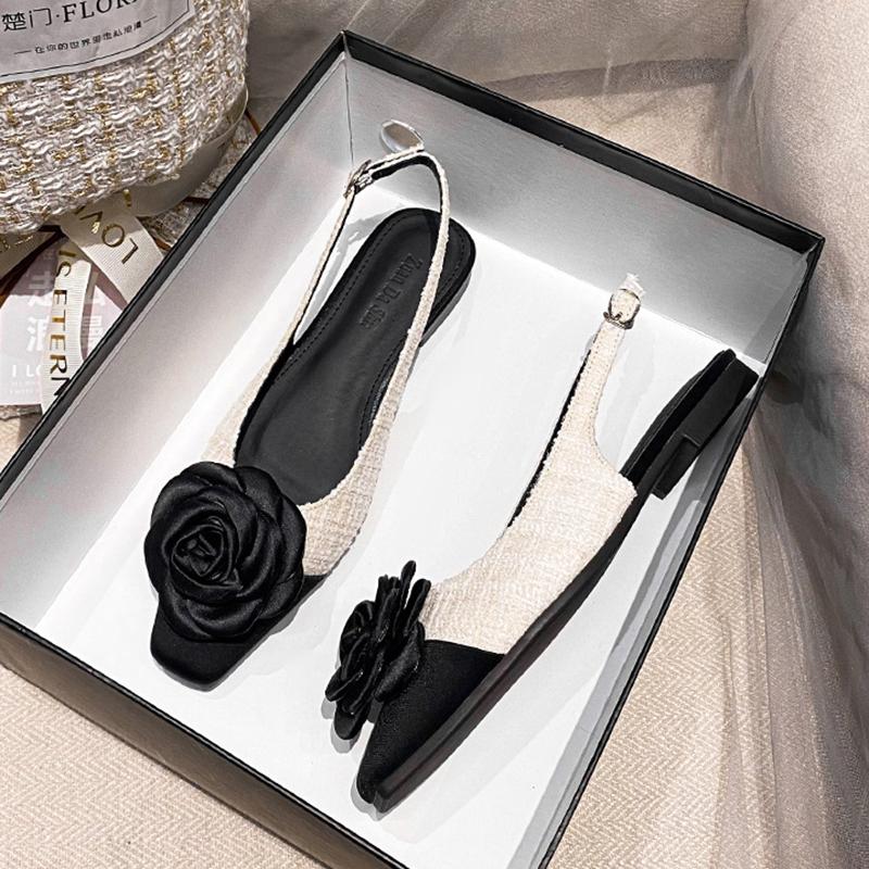 Fashion Rose Flower Flat Sandals Women Black White Mixed Color Slingback Summer Shoes Woman Square Toe Floral Sandalias Mujer Big Size42