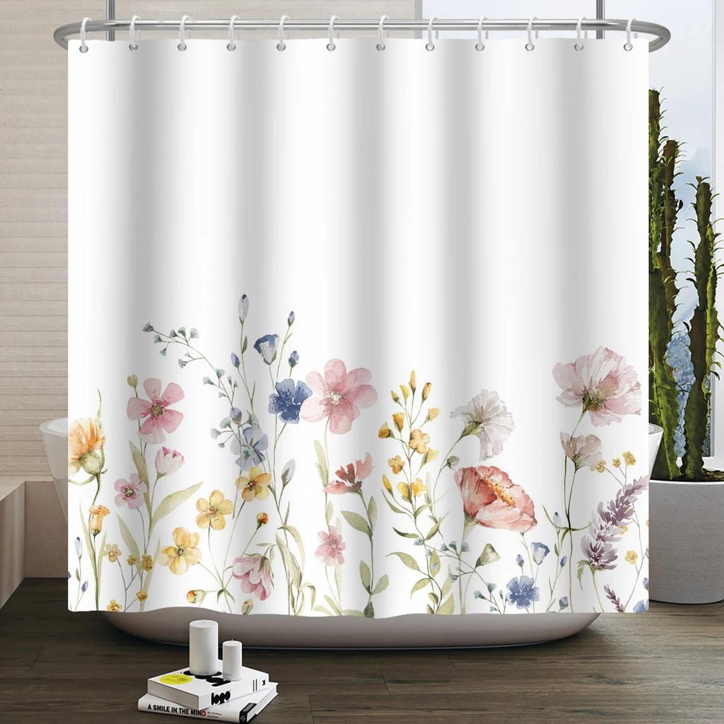 Watercolor Floral Shower Curtain for Bathroom Spring Elegant Flower Printed Bath Curtain Botanical Wildflower Bathroom Decor