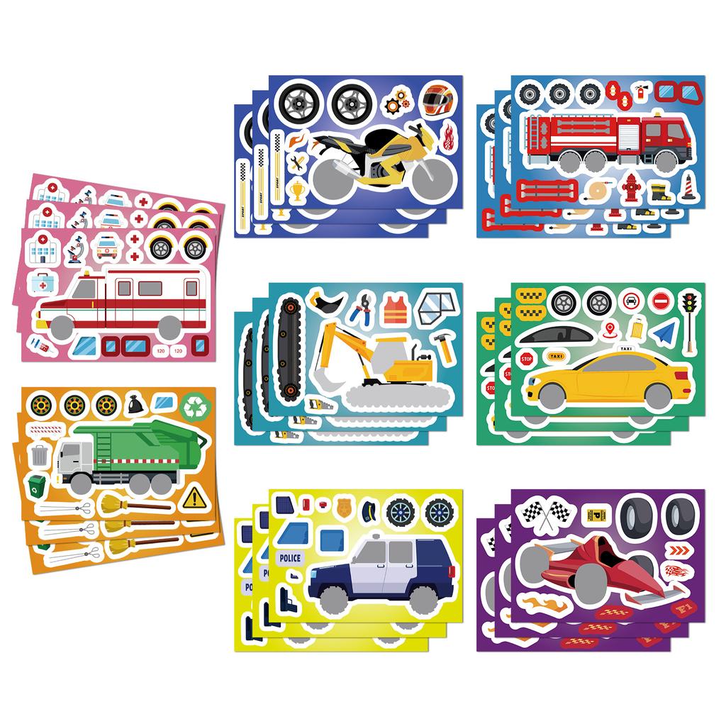 8 Stickers of Engineering Trucks, Excavators, Race Cars, Ambulances, Children's Graffiti Puzzles, Stickers