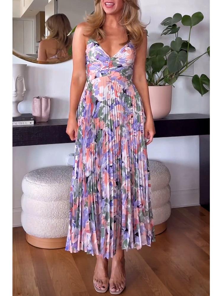 Women's V Neck Spaghetti Strap Printed Maxi Dress Pleated Summer Beach Dress Multiple Colors