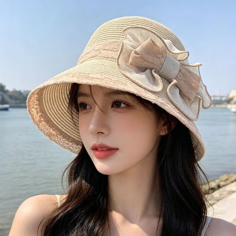 French elegant lace bow straw hat women's spring and summer sun protection sun hat big brim seaside vacation photo top hat