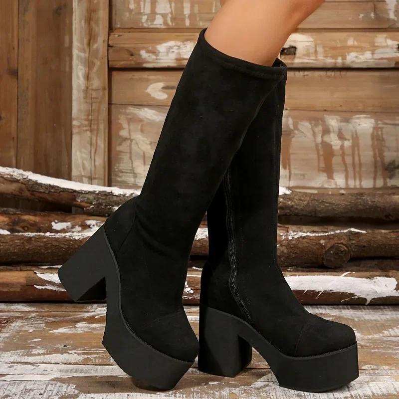 Fashion Shoes Female 2024 Fashion Side Zipper Women's Boots Winter Round Toe Suede Solid High Tube Platform Chunky Heels Women's Boots