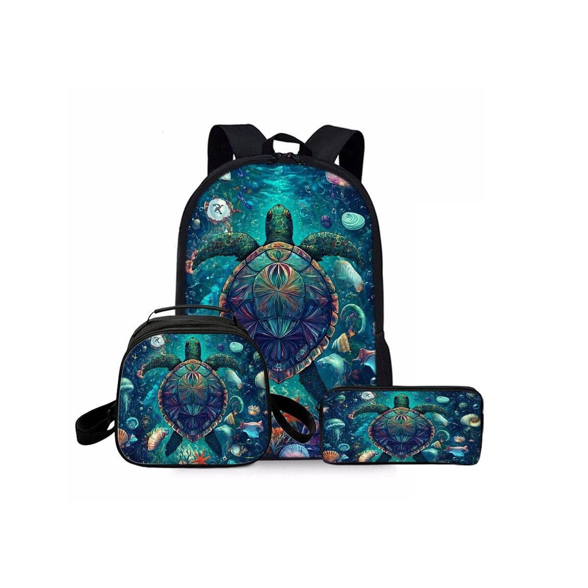 Zeeschildpad Koraalprint Drie Delig Set Rugzakken voor Jongen/Meisjes Beste Cadeau 2D Cartoon Modieuze Schooltas voor Kinderen