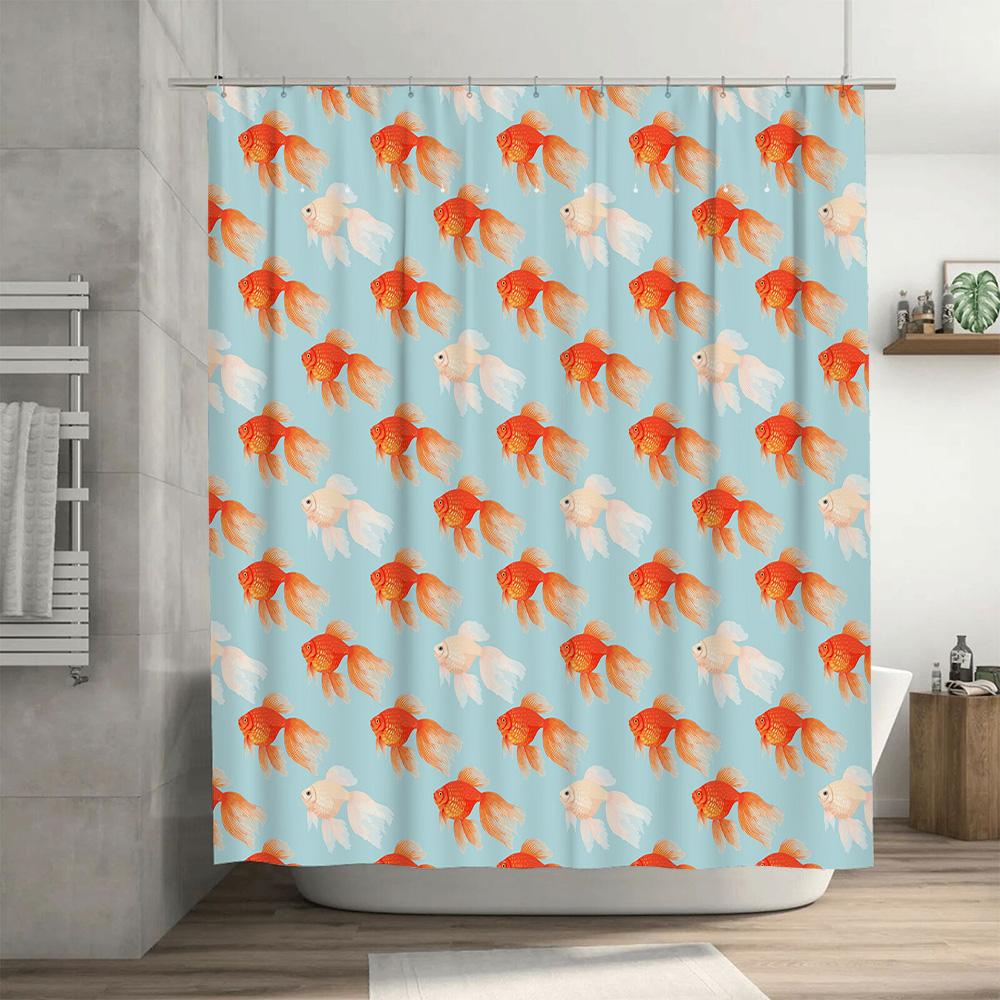 Goldfish Pattern Shower Curtain Blue White Colorful Bath Decor Watercolor Print Washable Fabric Decoration Home Waterproof Showe