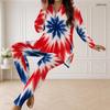 Women Plus Size Navy Blue Printed Half Zip Long Sleeve Longline Top Fitted Pants Two Piece Set