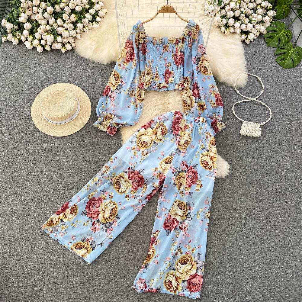 Fashion Set Women's  Long Sleeve Square Neck Slim Fit Chiffon Shirt 2 Two Pieces Suits Sets High Waist Slim Wide L