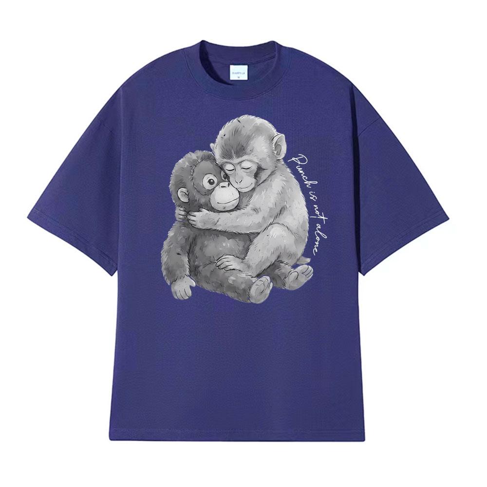 Punch Monkey Hug Is Not Alone Graphic Tshirts Men Women Clothing Vintage Fashion Cotton Tshirt High Quality T Shirt Streetwear