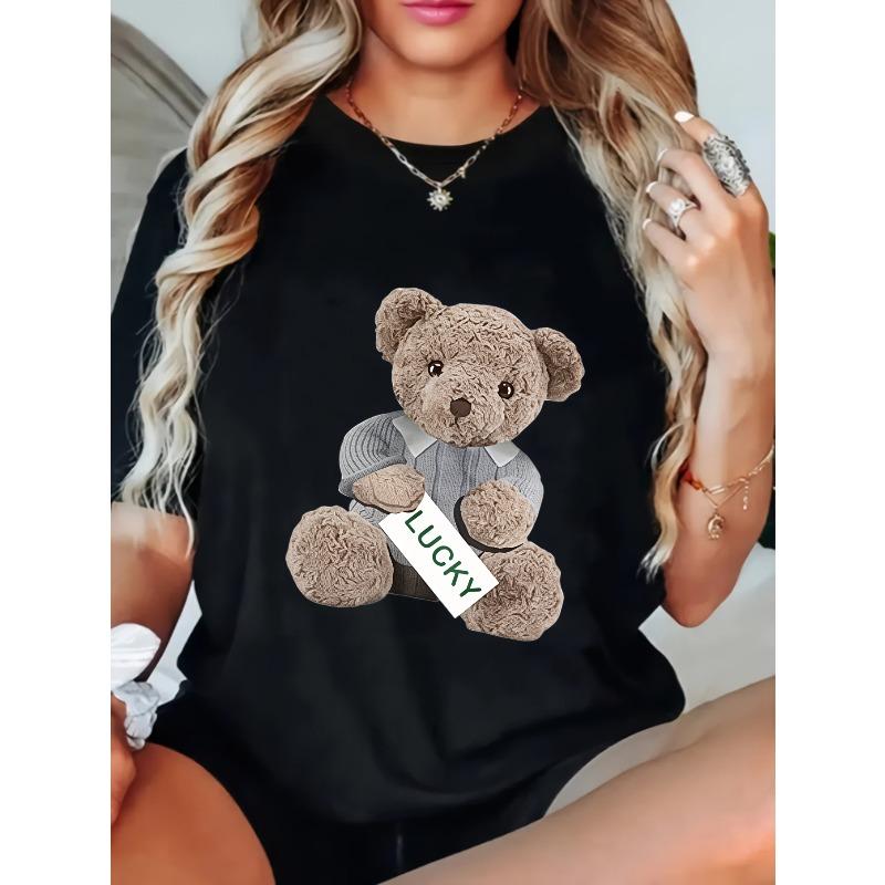 Women Loose T Shirt Black Teddy Bear Lucky Print Casual Top For Daily Wear