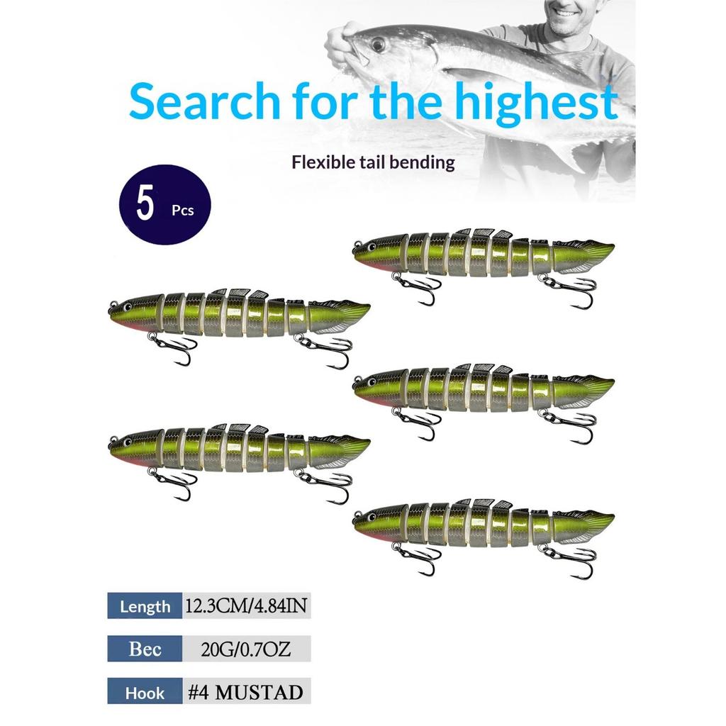 Eight-section bionic pike lure with realistic swimming action. Sharp hooks for solid hooksets, ideal for catching aggressive freshwater predators.