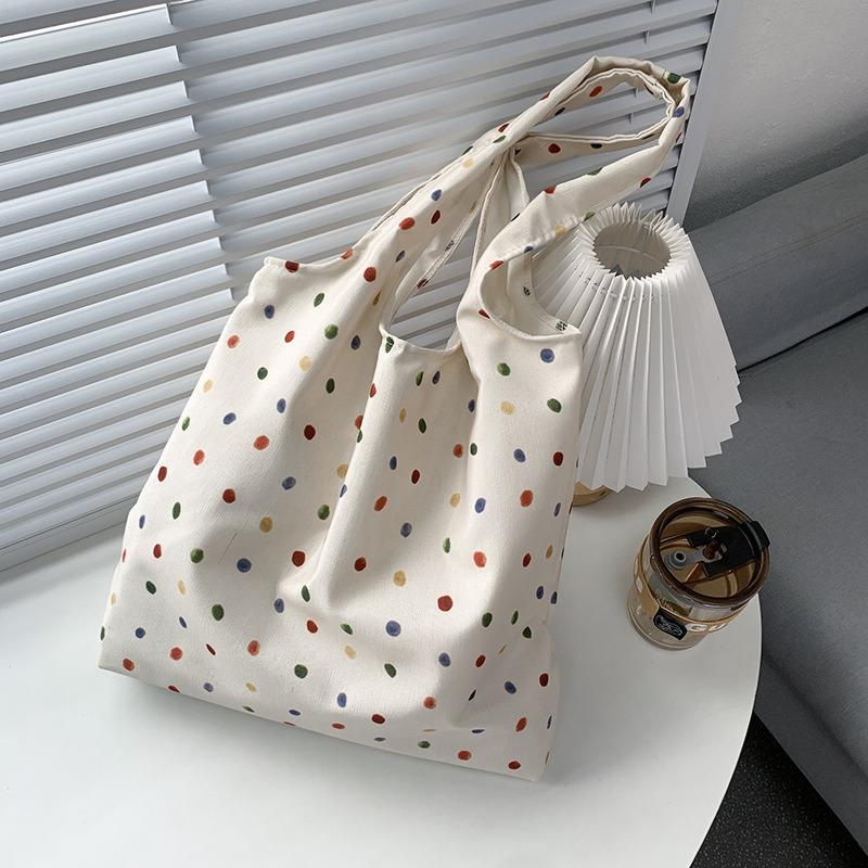 Retro Polka Dot Versatile Casual Tote Large Capacity Shoulder Canvas Bag