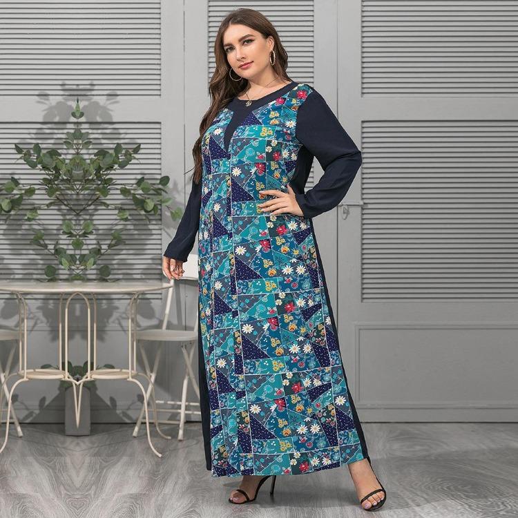 Plus Size Elegant Women's Loose Long Sleeve Dress Spring Summer O Neck Print Splicing XL-4XL