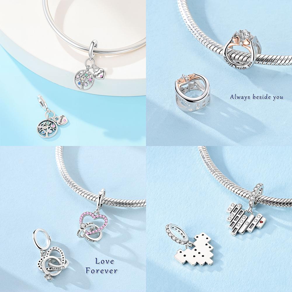 Original Charms Copper Certified Pink Heart Bow Pendant Blue Stars Moon Beads Fit Bracelet Women Jewelry Diy Gift