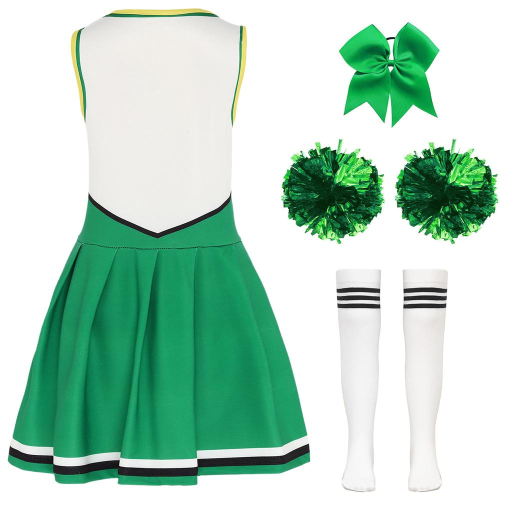 Vestito Completo Cheerleader per Ragazze Senza Maniche Gonna Pieghettata Stampa Lettere Fiori Pompom Accessori per Capelli Calzini a Tubo a Righe Costume Completo