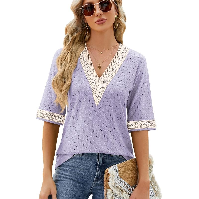 Spring Summer V-neck Gold Lace Patchwork Five Quarter Sleeve Loose T-shirt Top for Women