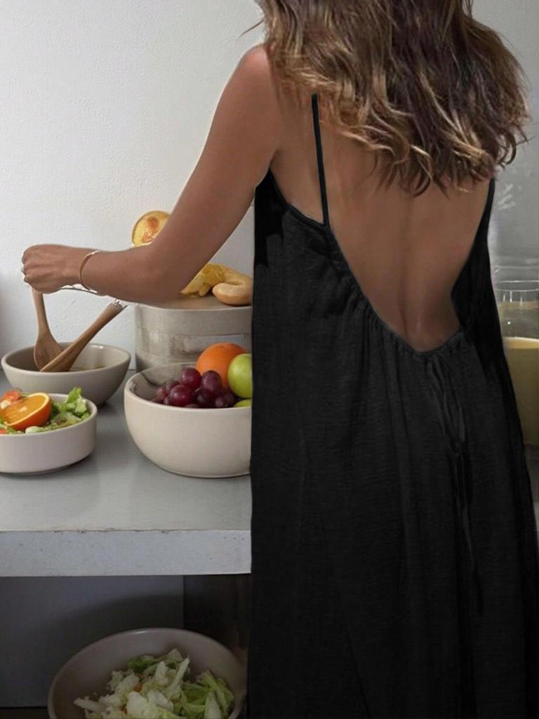 Backless Halter Ice Silk Long Dress - Women's Summer Solid Color Shirred Maxi Skirt