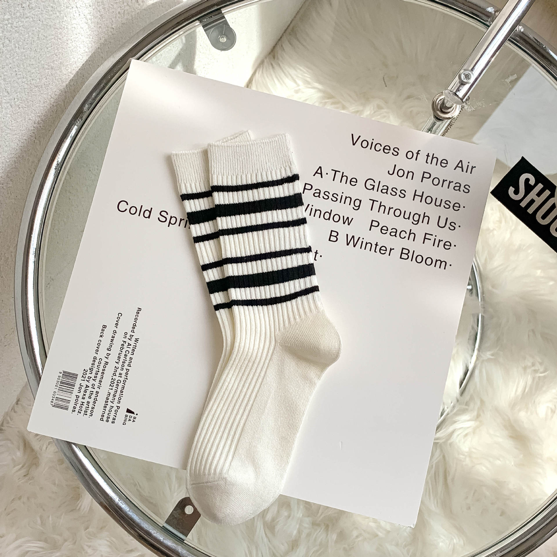 Fashionable Black Striped Socks For Women Personalized Letter R Embroidered Socks Comfortable And Versatile Double Needle Socks Cotton